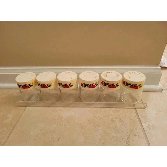 Vintage Gemco Strawberry Blossoms Spice Glass Jars With Rack - Picture 1 of 10
